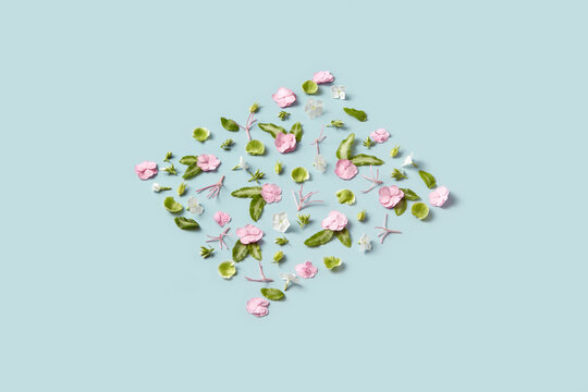 Square made from various spring blossom on blue background