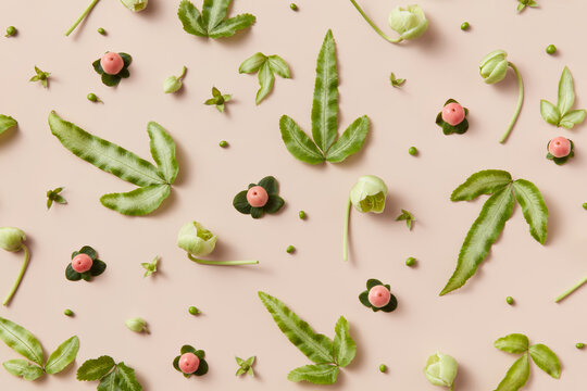 Seamless pattern of tender flowers, small apples and leaves