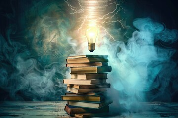 Light bulb with lightning above books - An illuminated light bulb with bursting lightning above old books amidst smoke, depicting a sudden idea or discovery