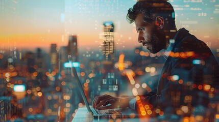 Man Working on Laptop in City with Teal and Amber Lighting
