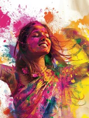 Joyful woman covered in Holi colors - A woman with her hair flowing is submerged in vibrant Holi festival colors, depicting joy