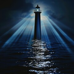 Majestic lighthouse beam illuminating dark sea - A lighthouse stands tall as its powerful beams cut through the night, illuminating the dark ocean waters with a sense of guidance and safety - obrazy, fototapety, plakaty