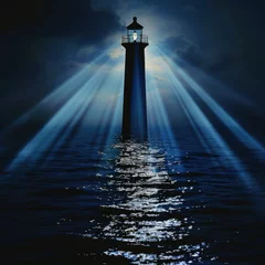 Fotobehang Majestic lighthouse beam illuminating dark sea - A lighthouse stands tall as its powerful beams cut through the night, illuminating the dark ocean waters with a sense of guidance and safety © Mickey