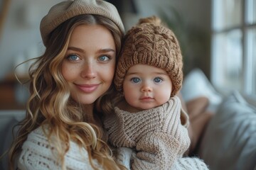 Obraz premium Young mother and blue-eyed baby wearing knit hats in a warm, intimate portrait