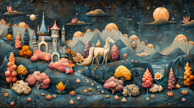 A whimsical scene with fairies and unicorns