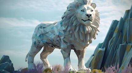 lion is the king of beasts, ion stands majestically on the rock, generative ai