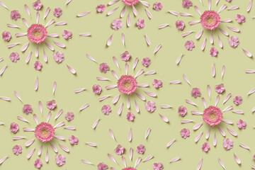 Beautiful pattern of repeating pink asters and flower petals