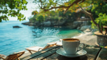 A cup of coffee sits on a wooden table in front of a beautiful beach, surrounded by trees - Powered by Adobe