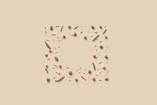 Festive frame made of apples, blossom, leaves and cones
