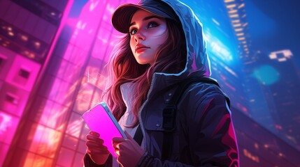 Cyberpunk girl on the background of a night city