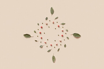 Rhombus shape arranged from sage leaves, buds and paradise apples