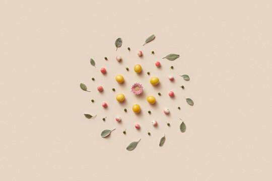 Apples, cherry plums, sage leaves and gerbera in shape of cogwheel