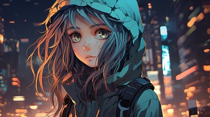 A girl in a hood on the background of a night city