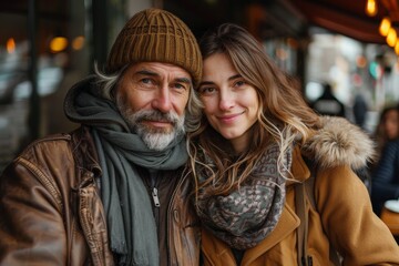 Obraz premium An affectionate older man and a younger woman share a loving embrace at an outdoor café