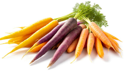 Lila Karotten, Orange Karotten und gelbe Karotten isoliert auf weißen Hintergrund, Freisteller