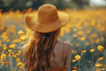 Back view of a lady in a mustard dress and a straw hat standing in a field of golden flowers