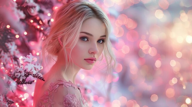 Enchanted Winter: Dreamy Portrait Amidst Bokeh Lights, portrait of a young blonde woman against a backdrop of soft bokeh lights, her gaze captivating, as if lost in a magical winter wonderland
