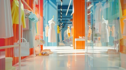Colorful Fashion Boutique Interior, radiant display inside a fashion boutique, showcasing a variety of garments on hangers and elegant handbags on shelves with a mannequin poised beside, reflecting a  - obrazy, fototapety, plakaty