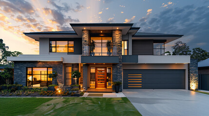 Luxurious new construction home in Bellevue, WA. Modern style home boasts two car garage spaces with glass folding doors illuminated by scones. Northwest, USA - obrazy, fototapety, plakaty