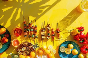 Summer BBQ Feast with Fresh Skewers and Citrus, Vibrant summer barbecue scene with colorful vegetable skewers, crispy chicken bites, and a refreshing citrus assortment on a bright yellow table