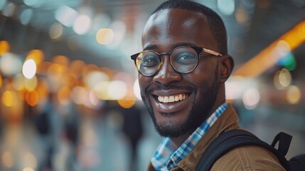 Smile, travel or happy black man in an airport for an international conference, seminar or global convention - obrazy, fototapety, plakaty