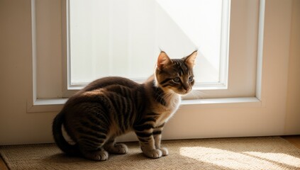 cute kitten, cat sitting next to a window, full of sunlight