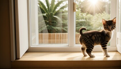 cute kitten, cat sitting next to a window, full of sunlight