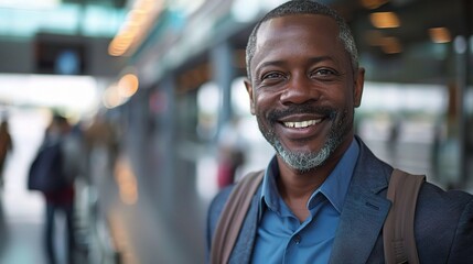 Naklejka premium Smile, travel or happy black man in an airport for an international conference, seminar or global convention