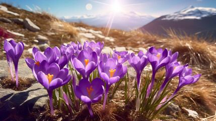 Violet crocuses in the mountains close view under sunbeams. Picture is AI-generated illustration