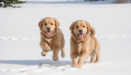 golden retriever dogs running on snow