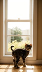 cute kitten, cat sitting next to a window, full of sunlight