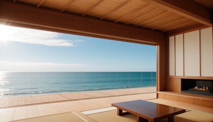 Japanese modern living room with beach and ocean view. 3D render