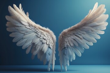 an angel feather wings on blue background - obrazy, fototapety, plakaty