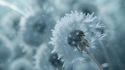 Frozen Fantasy: Macro shot reveals dandelion's frosty transformation, a dreamy spectacle of cold.