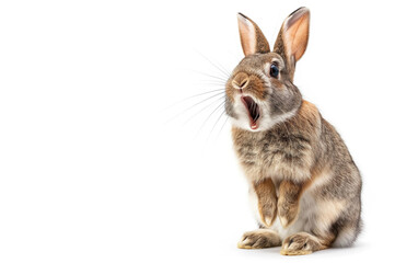 Funny shocked rabbit with open mouth on isolated white background. Big discounts, surprise, news, raffle concept. Generated AI