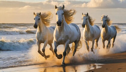 Obraz na płótnie Canvas High-quality PHOTO White Stallions GALLOPING ON THE BEACH with ocean waves