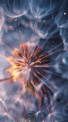 Galactic Waltz: Dandelion's dance is adorned with cosmic particles and ferrofluids, swirling in a celestial waltz of luminescence.