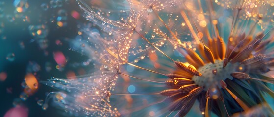 Glittering Bloom: Macro capture reveals dandelion's shiny, glittery transformation.