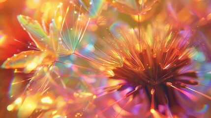 Glossy Bloom: Macro shot reveals dandelion's holographic sheen, glossy and enchanting.