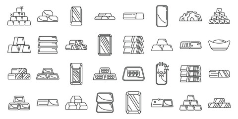 Ingot gold icons set outline vector. Money coin brick. Stack treasure golden