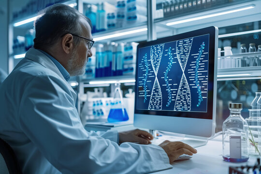 Senior Scientist Examining DNA Strands on Computer in Laboratory