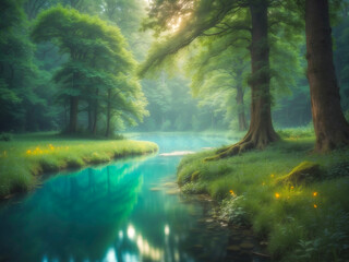 Morning in the Mystical Forest with a Peaceful Atmosphere, Beautiful Nature Landscape, Enchanted Forest 