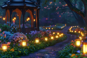 Fototapeta premium A picturesque scene of a peaceful garden at twilight on Eid ul Fitr, with a path lined by rows of small, glowing lanterns leading towards a festively decorated gazebo.