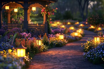 A picturesque scene of a peaceful garden at twilight on Eid ul Fitr, with a path lined by rows of small, glowing lanterns leading towards a festively decorated gazebo. - obrazy, fototapety, plakaty