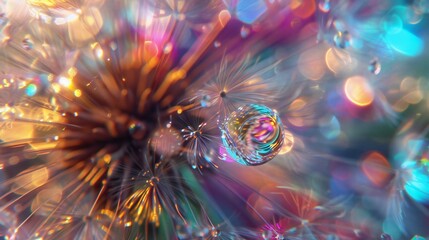 Obraz na płótnie Canvas Holographic Bloom: Dandelion's macro beauty gleams with holographic hues, glossy and mesmerizing.