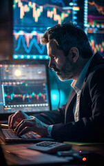 Fototapeta premium Businessman looking on his laptop of financial charts, financial transactions concept