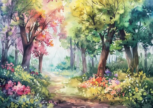 trees with green leaves and colorful flowers Generative AI