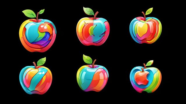Black screen overlay animation icon, six colorful, apple illustrations against a black background. Each apple is painted with vibrant and various colors, giving them an abstract and artistic 