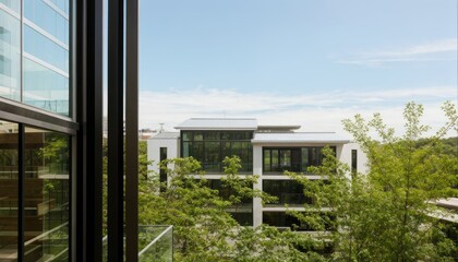 a modern glass building adorned with lush green plants, trees, and bushes, embodying the principles of business architecture, environmental friendliness, and eco-concept. 3D render