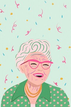 Happy birthday party, senior woman illustration